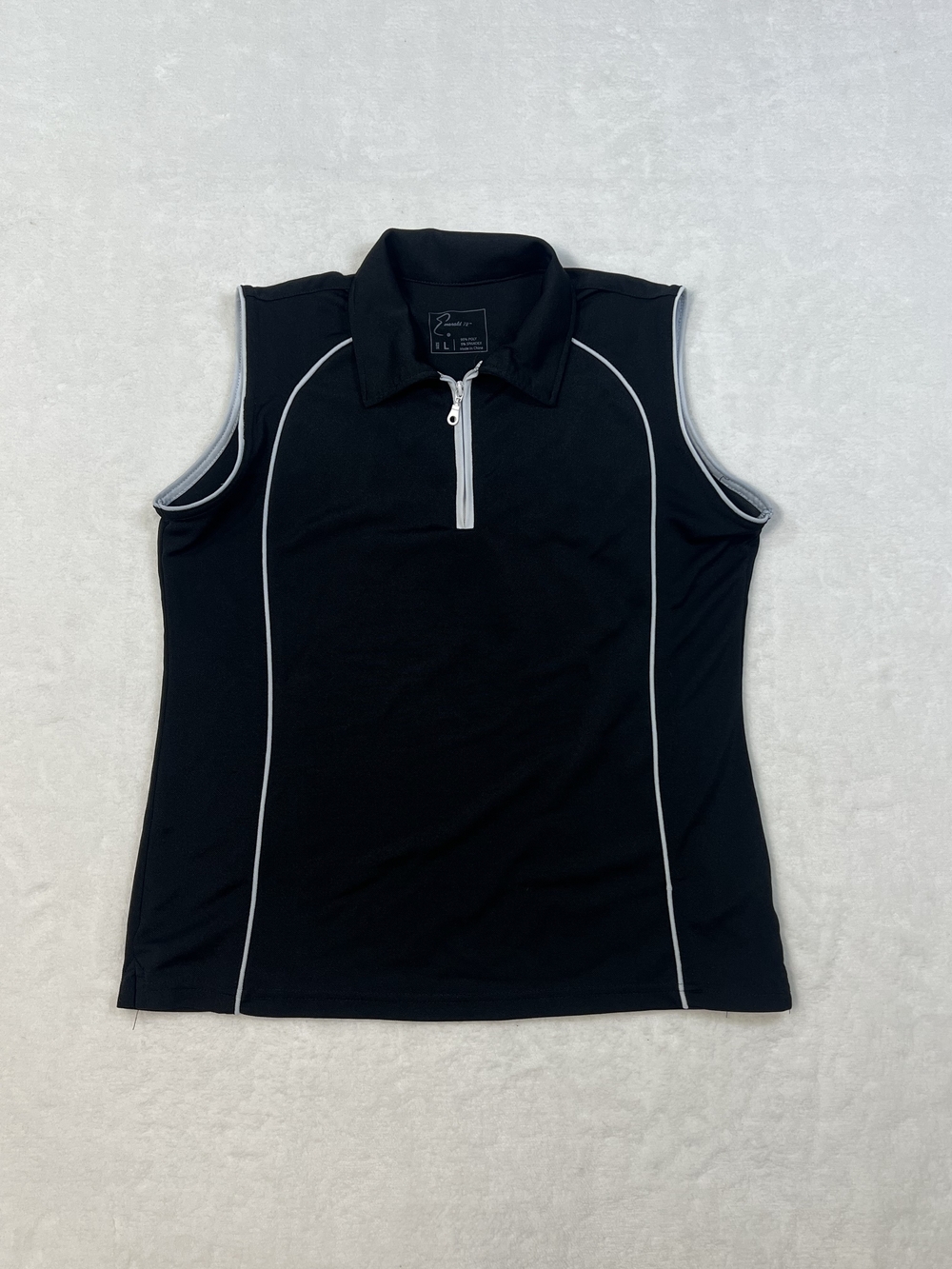 Emerald 18 Sleeveless Black Athletic Zip Polo Tank with White Contrast Piping
